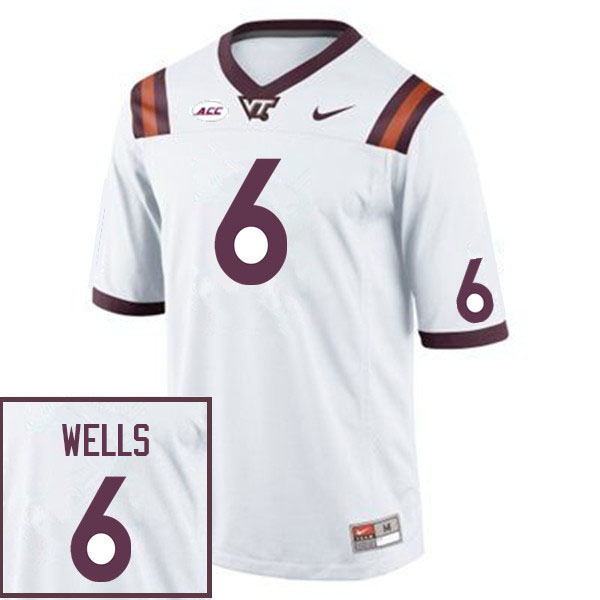 Men #6 Grant Wells Virginia Tech Hokies College Football Jerseys Sale-White - Click Image to Close